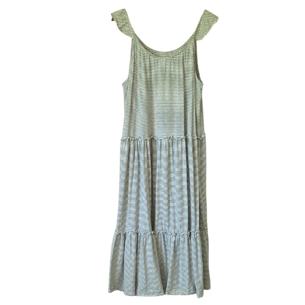 Womens Sz XL Maxi Dress Olive Green Stripe Festival Fairy Beachy Stretch Tiered